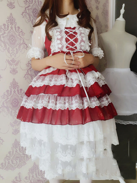 Sweet Pink White Cotton Lolita Jumper Skirt Lace Up Layered AGD046