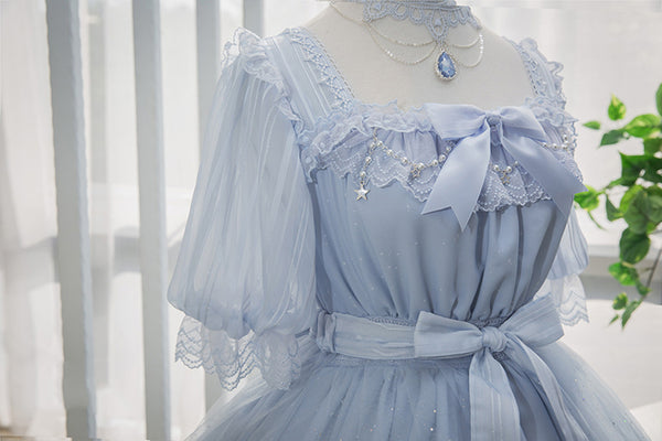 Classic Gothic Dress Princess Layered Lace-Up Cotton Lolita Blue Dress AGD062