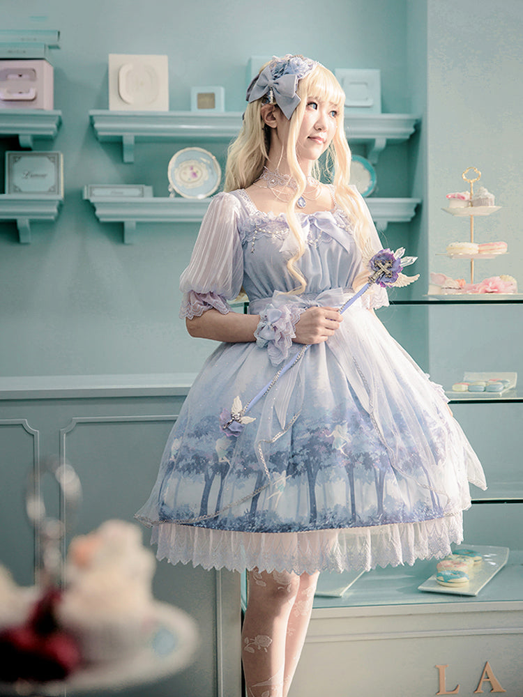 Classic Gothic Dress Princess Layered Lace-Up Cotton Lolita Blue Dress AGD062