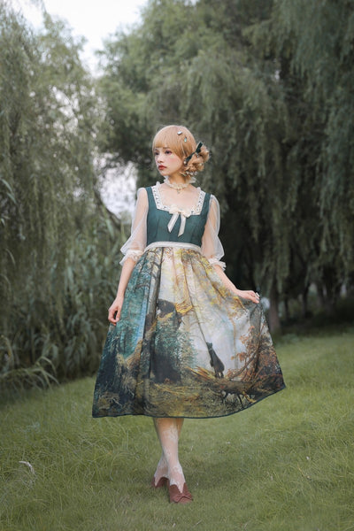 Sweet Bow Court Printing Lolita Dress for Girls Lace-up Ruffle Chiffon AGD066