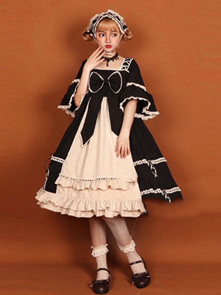 Classic Black Layered Lace-Up Cotton Lolita Dress AGD136
