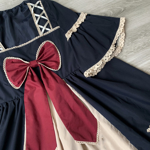 Classic Black Layered Lace-Up Cotton Lolita Dress AGD136