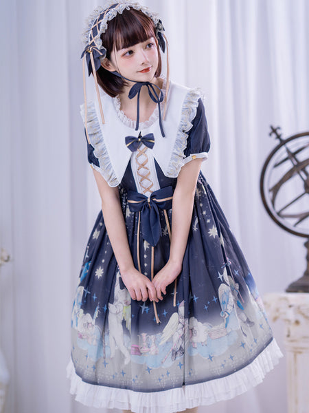 Girls Sweet Lolita Dress Short Puff Sleeve Chiffon Dress AGD145