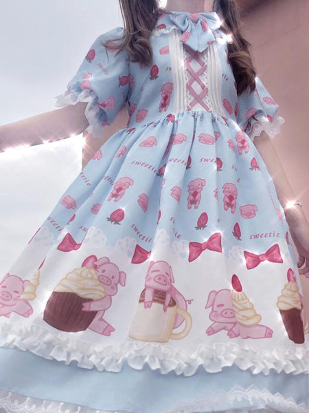 Three Little Pigs Printed Dress Princess Lace-Up Lolita Dress AGD191