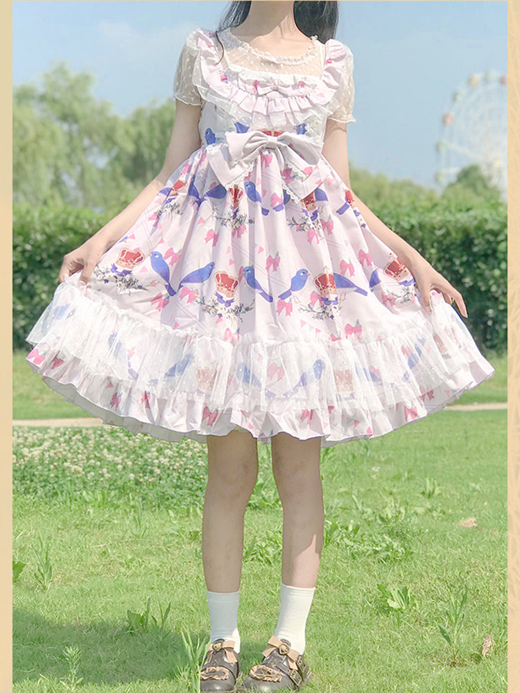 Birds Printed Original JSK Gothic Princess Cotton Lolita Dress AGD230