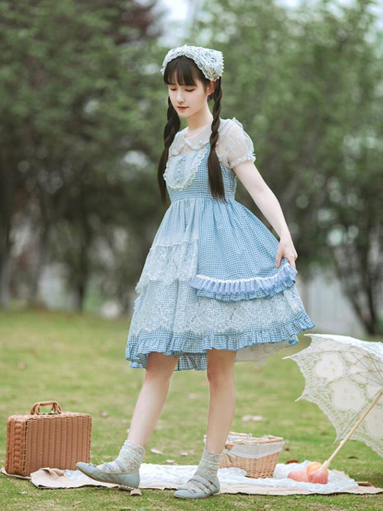 Sweet Honey Blue Checks Original Pastoral Lolita Dress AGD243