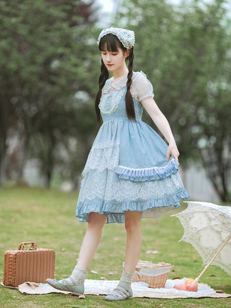 Sweet Honey Blue Checks Original Pastoral Lolita Dress AGD243