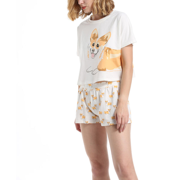 Women's Corgi Dog Print Pajama Tee and Lounge Shorts AGT012
