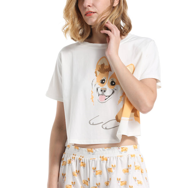 Women's Corgi Dog Print Pajama Tee and Lounge Shorts AGT012