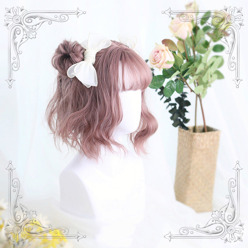 Grey Pink Air Bangs Short Curly Synthetic Lolita Wig ALICE0085
