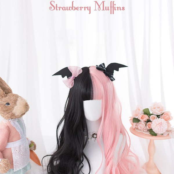 Alicegardens Strawberry Half Black and Half Pink Long Wavy Synthetic Wig  AG0258