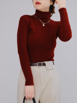 ITOPFOX Women's Red Turtleneck Slim Sweater, Long Sleeve Top