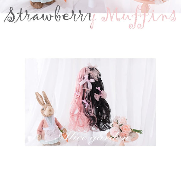 Alicegardens Strawberry Half Black and Half Pink Long Wavy Synthetic Wig  AG0258