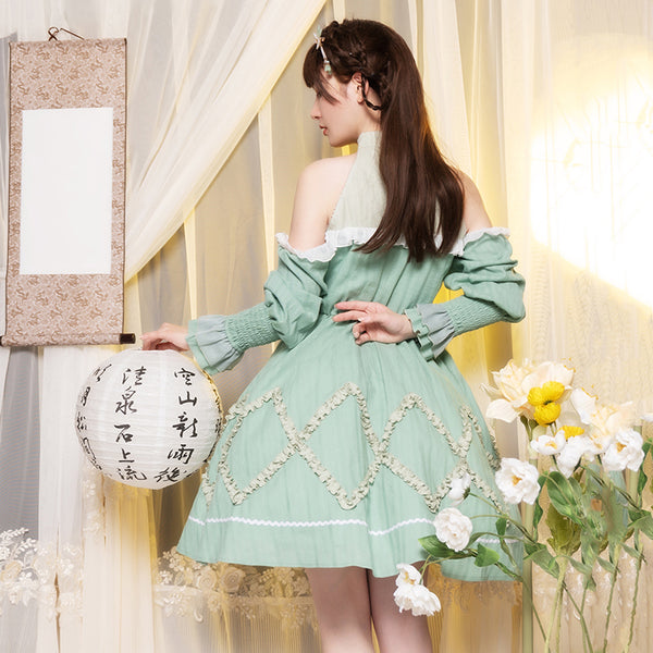 Alicegardens Painted Green Open Shoulder Qi Lolita Dress OP AG0374