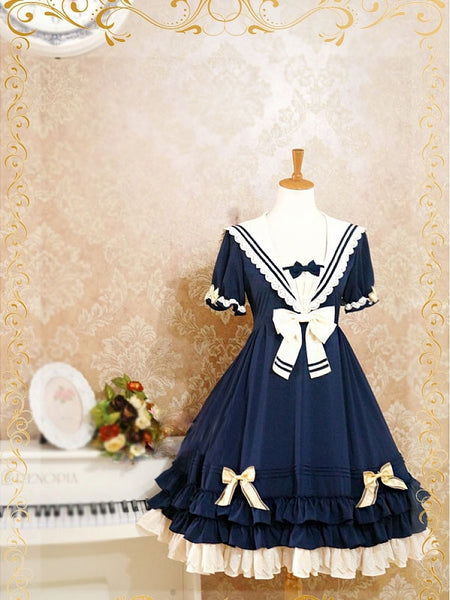 Sailor Collar Short Sleeves Lolita Dress Navy Blue
